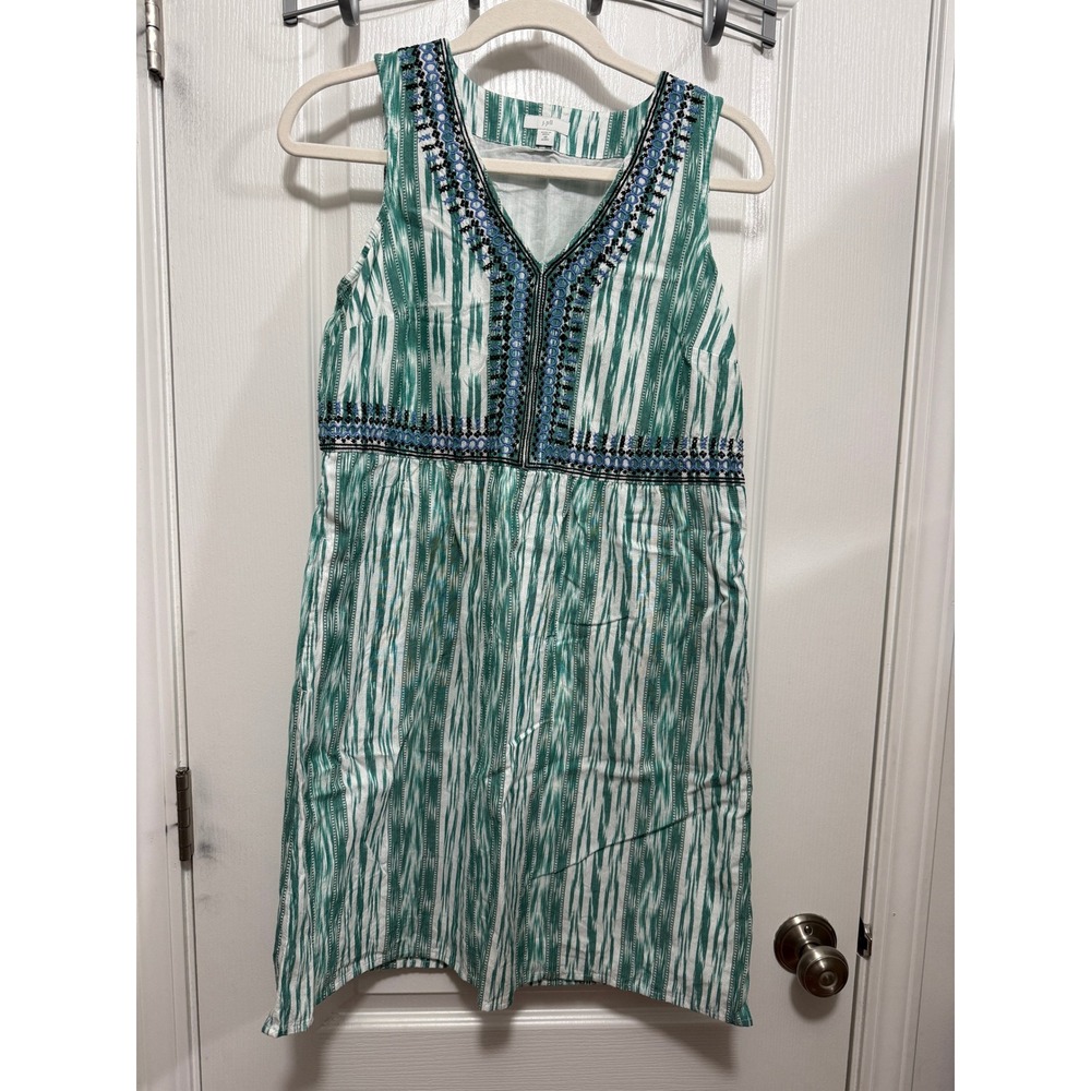 J. Jill Green White Ikat Embroidered V-Neck Sleeveless Shift Dress XS Petite